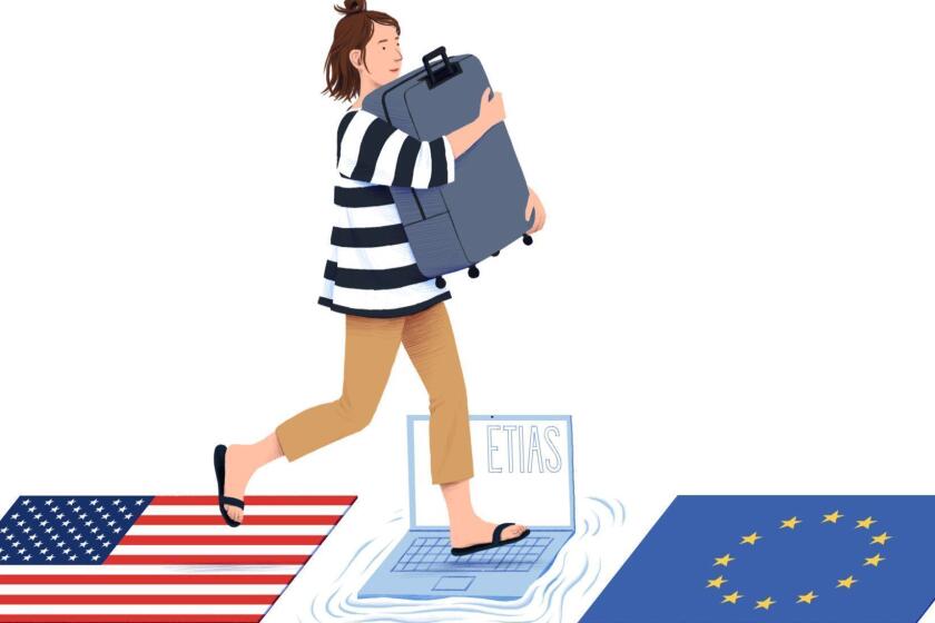 Illustration for for Catharine Hamm's March 31, 2019 "On the Spot" column about visas. (Michael Kirkham / For the Times)