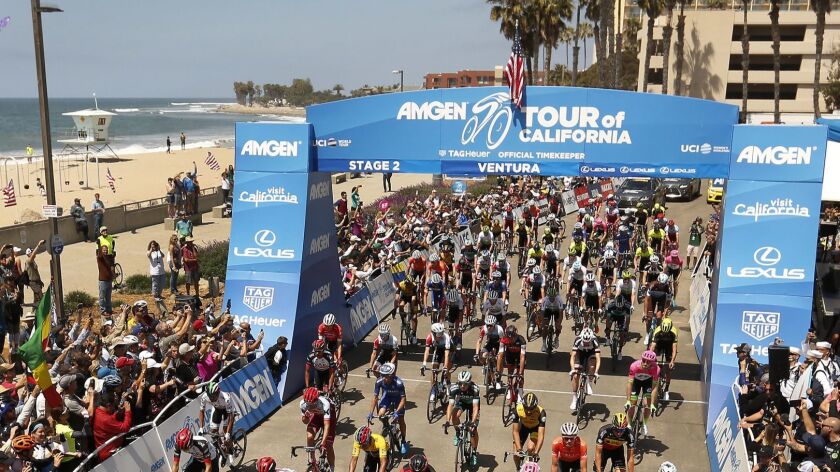 More than 100 riders begin Stage 2 of the Amgen Tour of California on May 14, 2018, at the Ventura Pier.