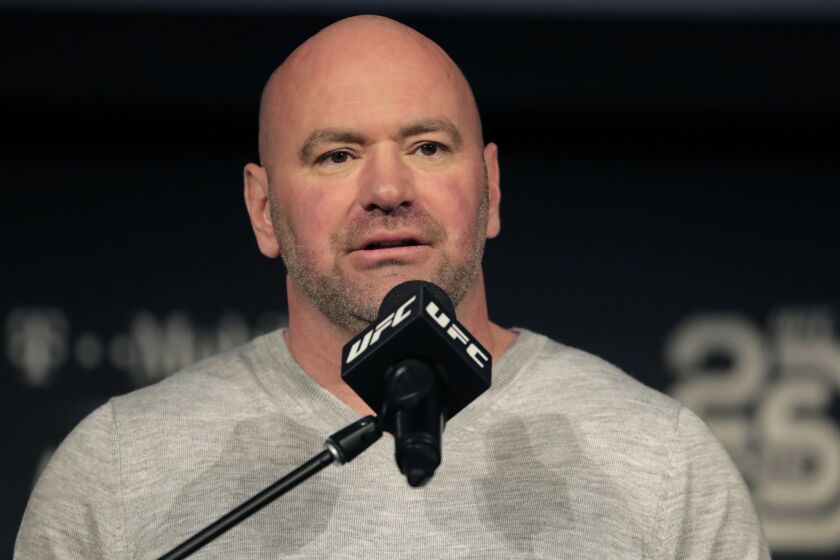 Dana White, UFC president, talks about a mixed martial arts light heavyweight bout between Jon Jones and Alexander Gustafsson scheduled for UFC 232 in Las Vegas, Friday, Nov. 2, 2018, during a news conference at Madison Square Garden in New York. (AP Photo/Julio Cortez)