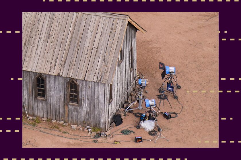 Aerial photo of a film set at the Bonanza Creek Ranch