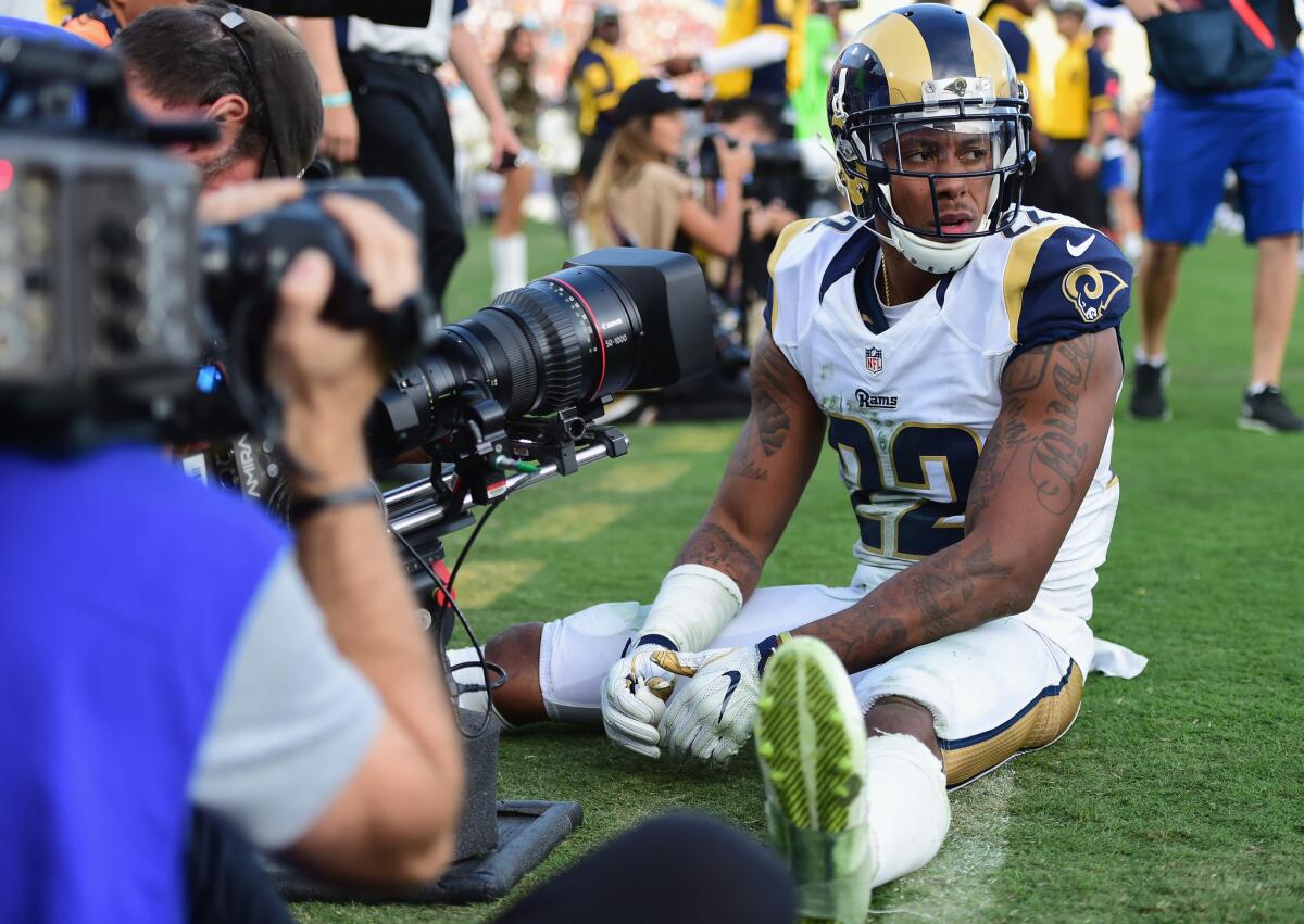 Rams cornerback Trumaine Johnson reacts after an incomplete pass during the fourth quarter of a game against the Carolina Panthers on Sunday.