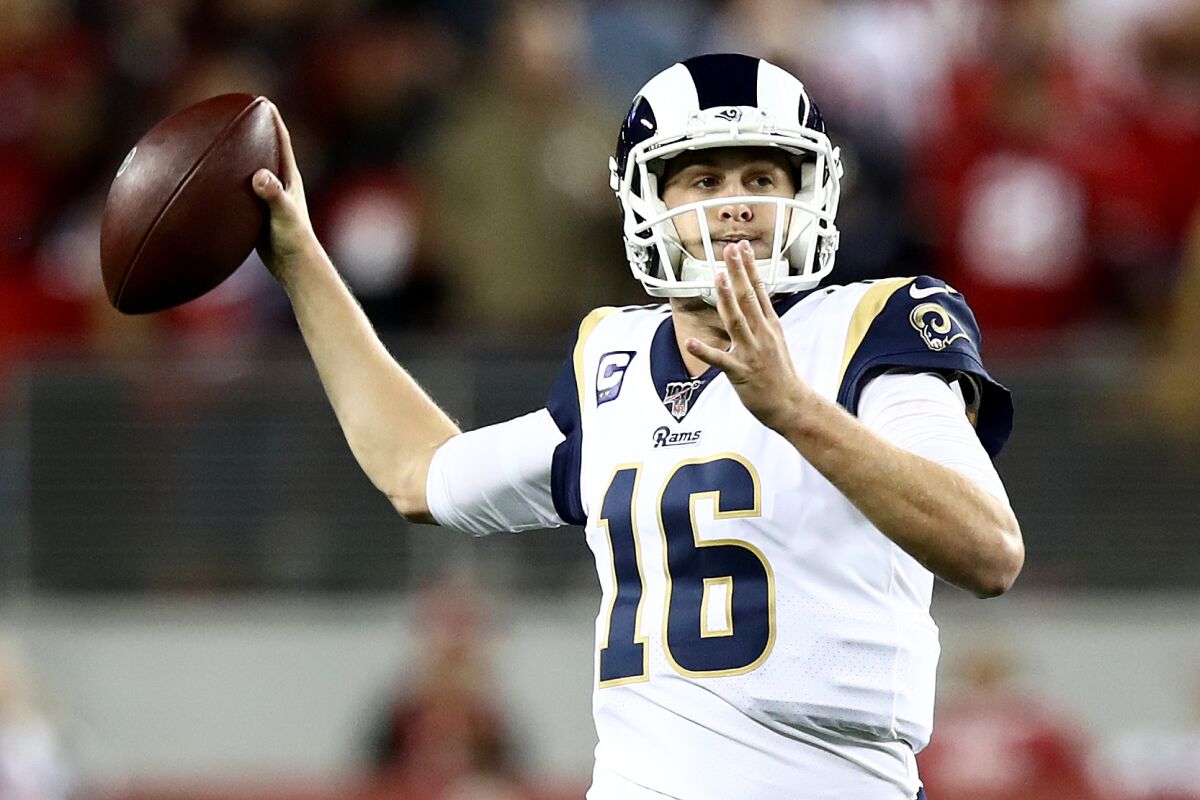 Rams quarterback Jared Goff throws a pass against the 49ers on Dec. 21, 2019.