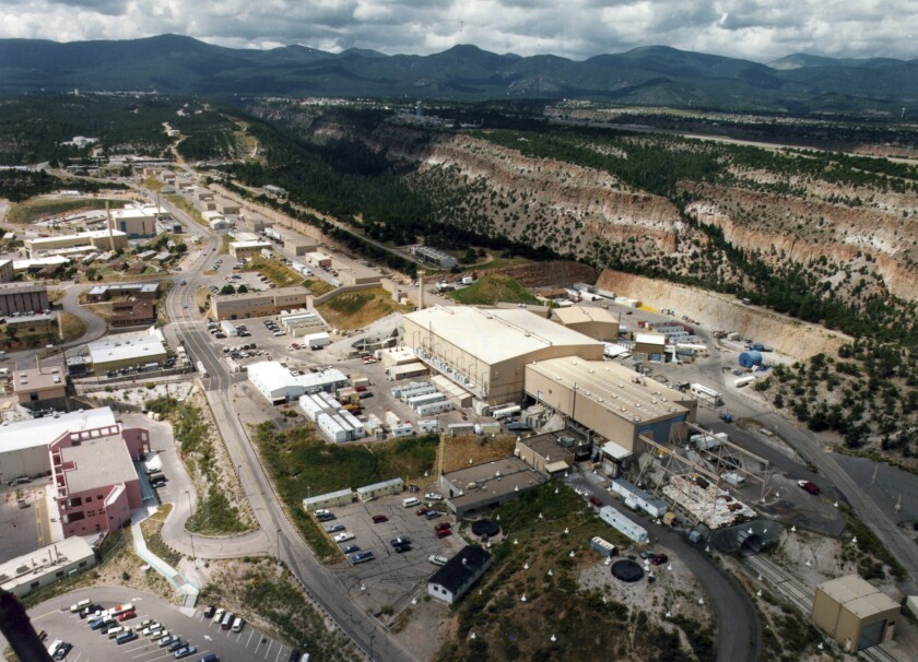 FILE - This undated file aerial view shows the Los Alamos National Laboratory in Los Alamos, N.M. The lab, one of the nation's premier nuclear laboratories, isn't taking the necessary precautions to guard against wildfire. This finding by the U.S. Energy Department's inspector general comes as wildfire risks intensify across the drought-stricken West. The birthplace of the atomic bomb, Los Alamos National Laboratory already has experienced hundreds of millions of dollars in losses and damages from previous wildfires. (The Albuquerque Journal via AP, File)