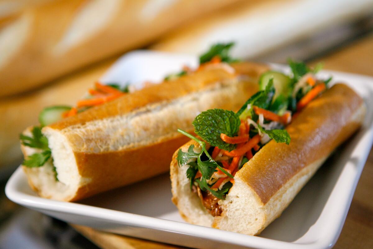 Sardine banh mi with vegetables.