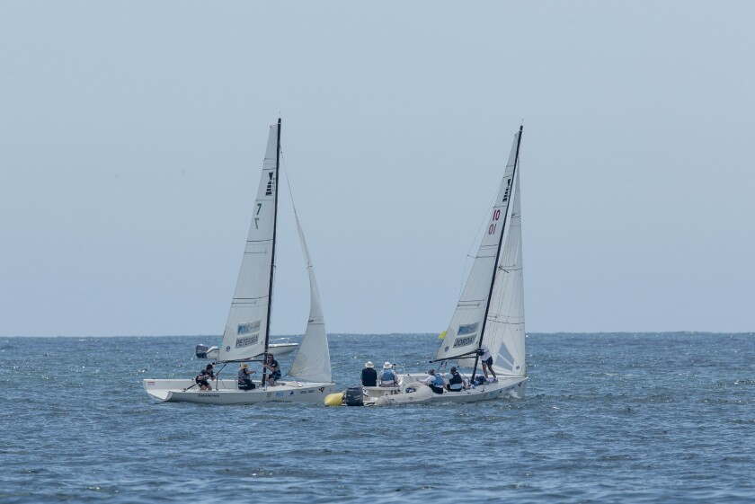 Jeffrey Petersen's boat, left, competes against Ansgar Jordan during the Governor's Cup on Thursday in Newport Beach.