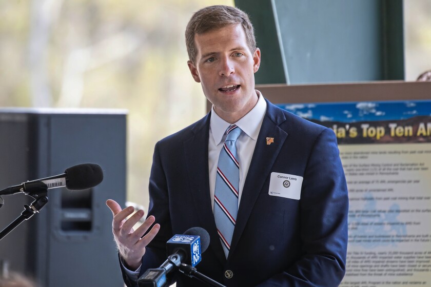 FILE—In this file photo from April 27, 2021, U.S. Rep. Conor Lamb, D-Pa., speaks at a dedication for a facility intended to improve water quality in McDonald, Pa. Lamb said Friday, Aug. 6, 2021, he is running for Pennsylvania's open Senate seat, joining a crowded Democratic field in one of the nation's most competitive races. (Andrew Rush/Pittsburgh Post-Gazette via AP, File)