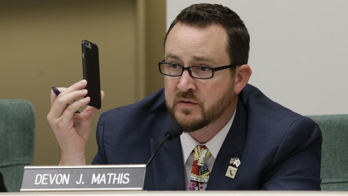Assemblyman Devon Mathis at a 2017 hearing in Sacramento.