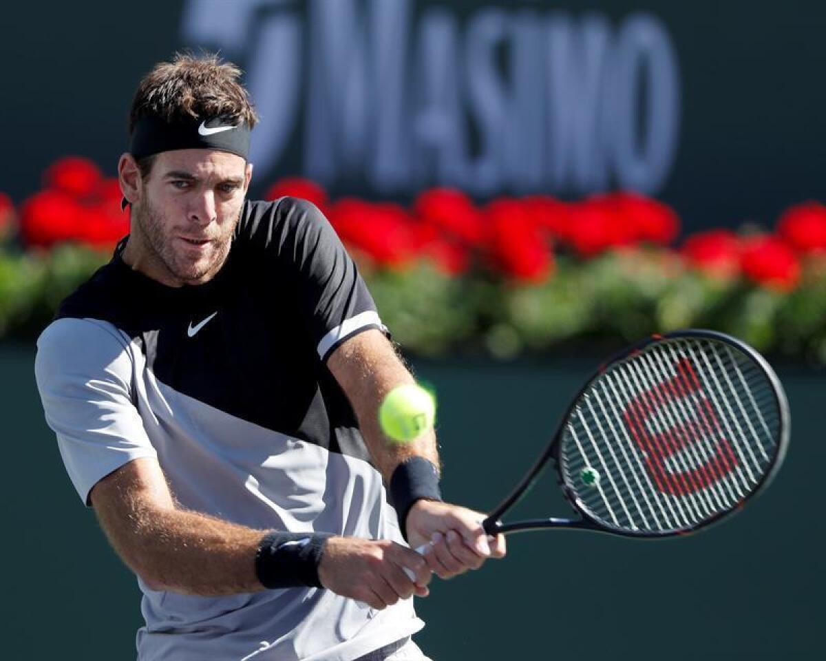 Juan Martin del Potro, of Argentina, celebrates after beating Milos Raonic, of Canada, during the semifinals at the BNP Paribas Open tennis tournament, Saturday, March 17, 2018, in Indian Wells, Calif. (AP Photo/Mark J. Terrill)