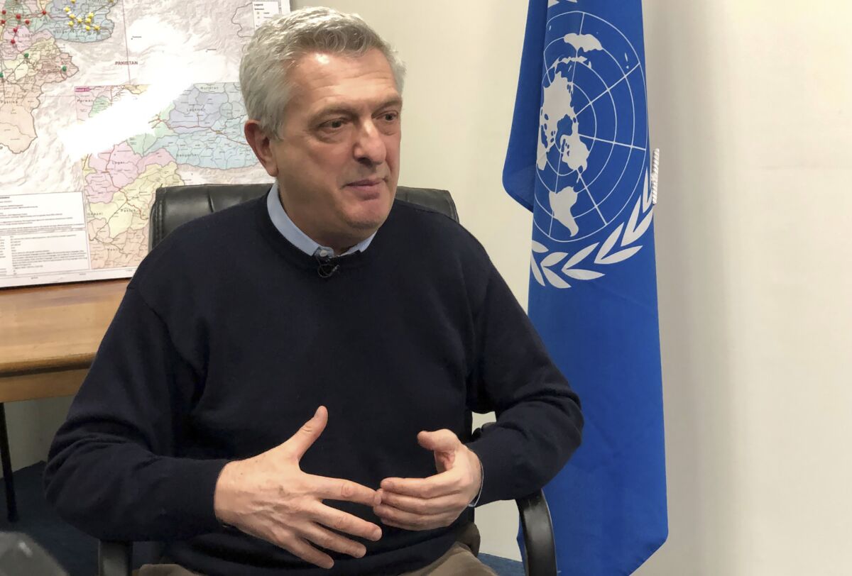 United Nations High Commissioner for Refugees Filippo Grandi, speaks during an interview with The Associated Press in Kabul, Afghanistan, Tuesday, March 15, 2022. (AP Photo/Mohammed Shoaib Amin)