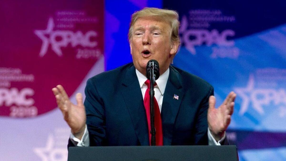 President Trump speaks to supporters March 2 at the annual Conservative Political Action Conference in Maryland.