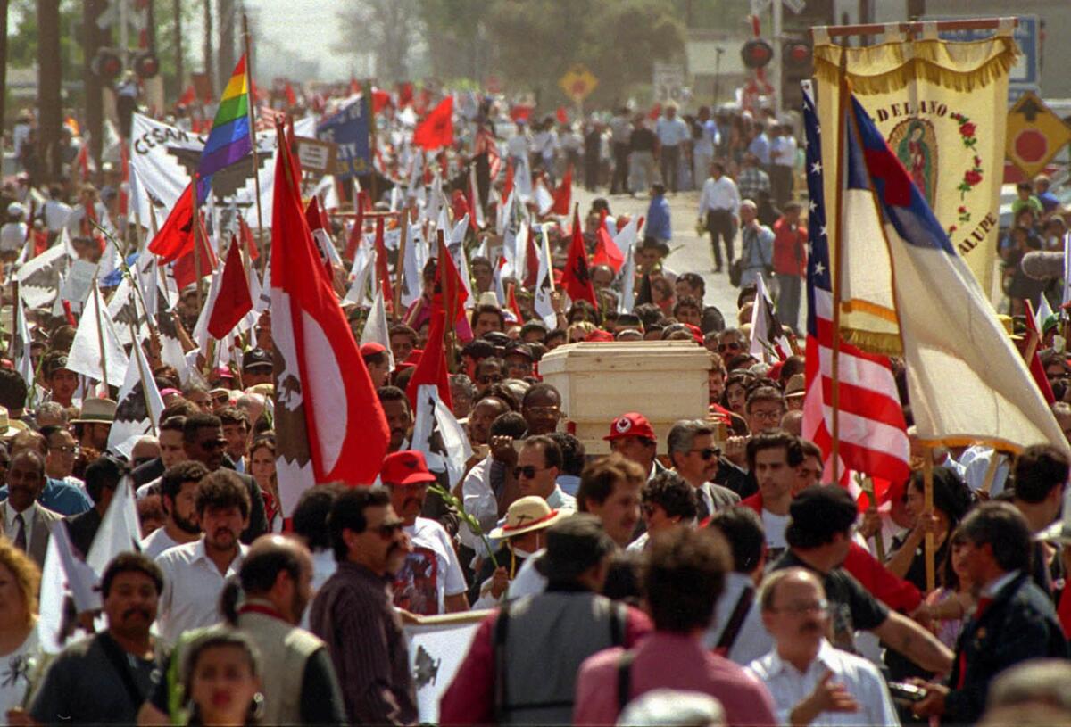 April 29, 1993: The funeral procession for Cesar Chavez was estimated to be 35,000 strong and stretched three miles through Delano. Chavez died on April 23, 1993.