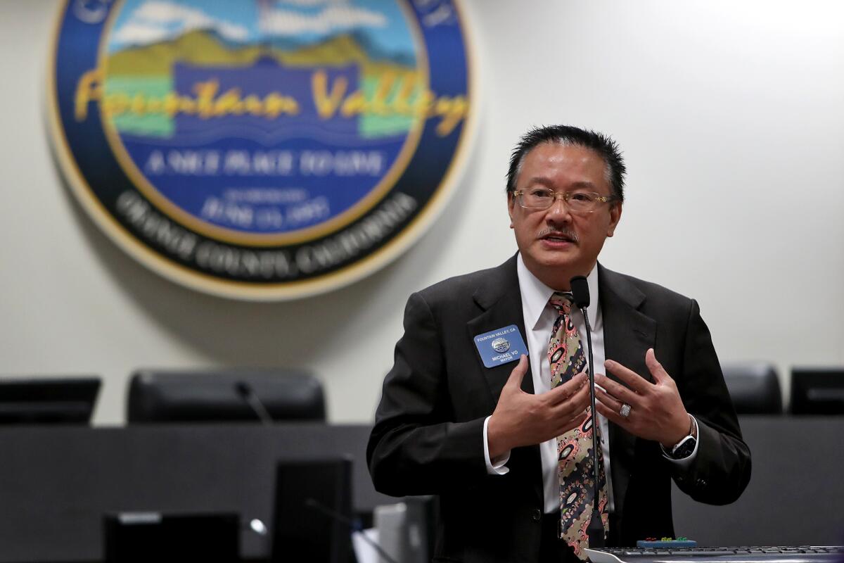 Fountain Valley Mayor Michael Vo speaks during a news conference for a community event called "Walk for Vietnam."