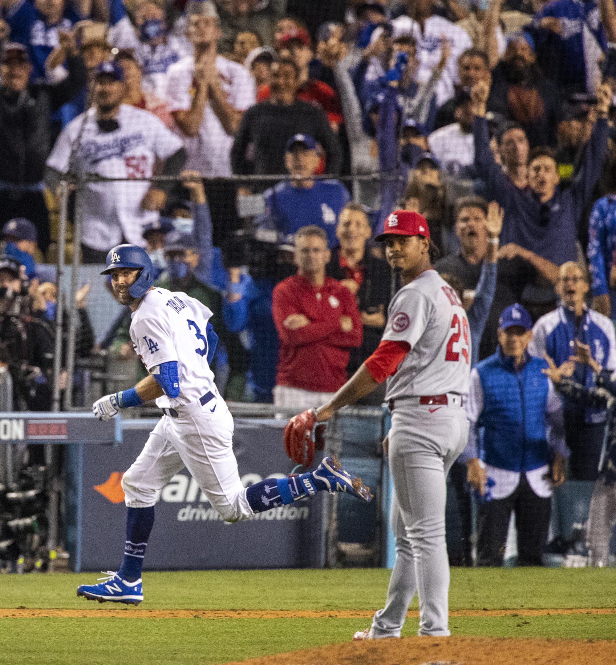 St. Louis Cardinals relief pitcher Alex Reyes stares into the outfield after a homer by Chris Taylor