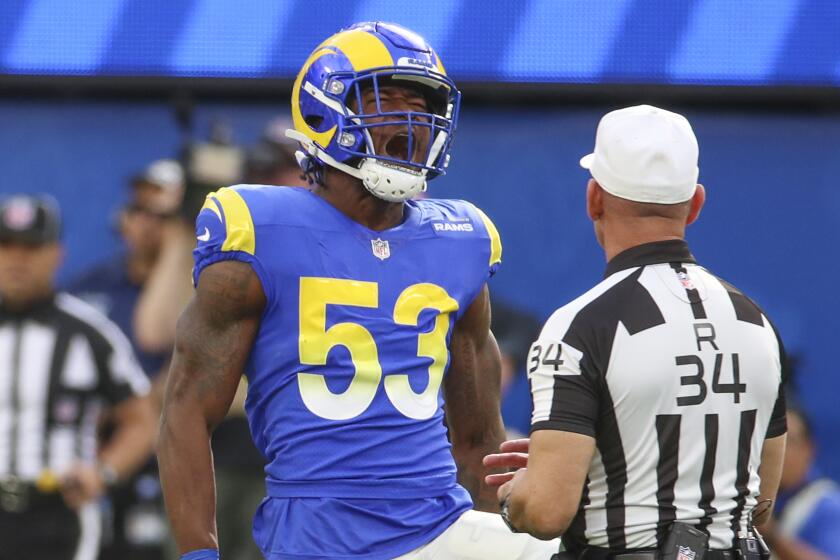 Los Angeles, CA - November 13: Rams inside linebacker Ernest Jones, #53, celebrates a tackle.