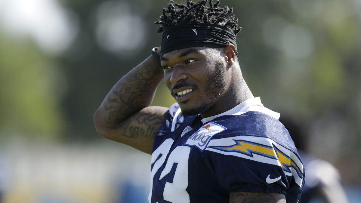 Chargers safety Derwin James during training camp at Jack Hammett Sports Complex in Costa Mesa.