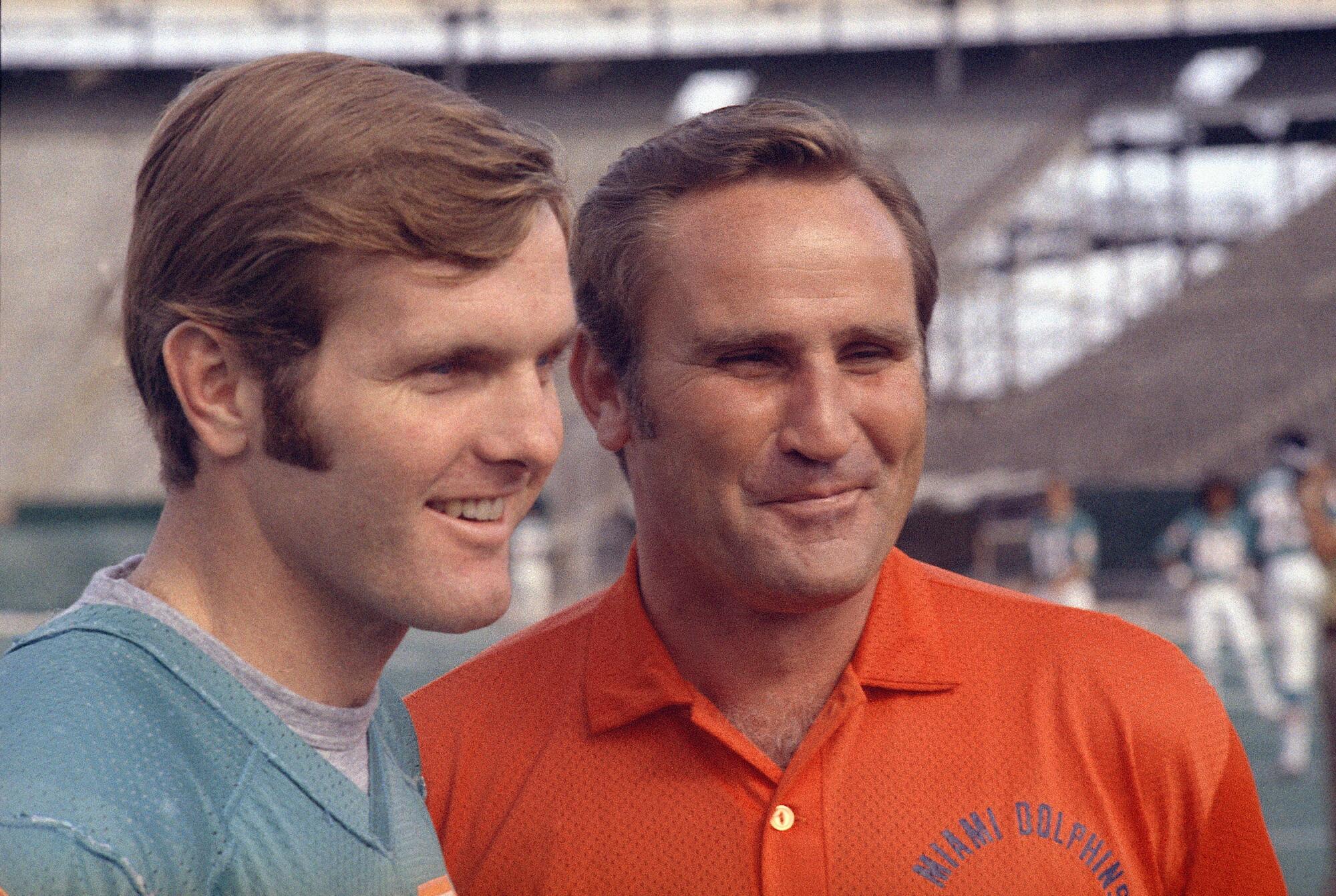 Miami Dolphins quarterback Bob Griese, left, and coach Don Shula in January 1972.