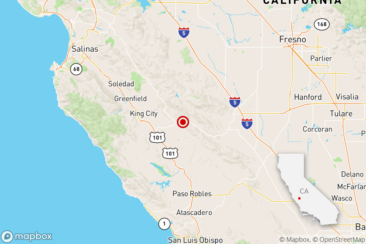 A map showing the epicenter of an earthquake Dec. 19, 2020, at 10:40 a.m. 18 miles from King City, Calif.