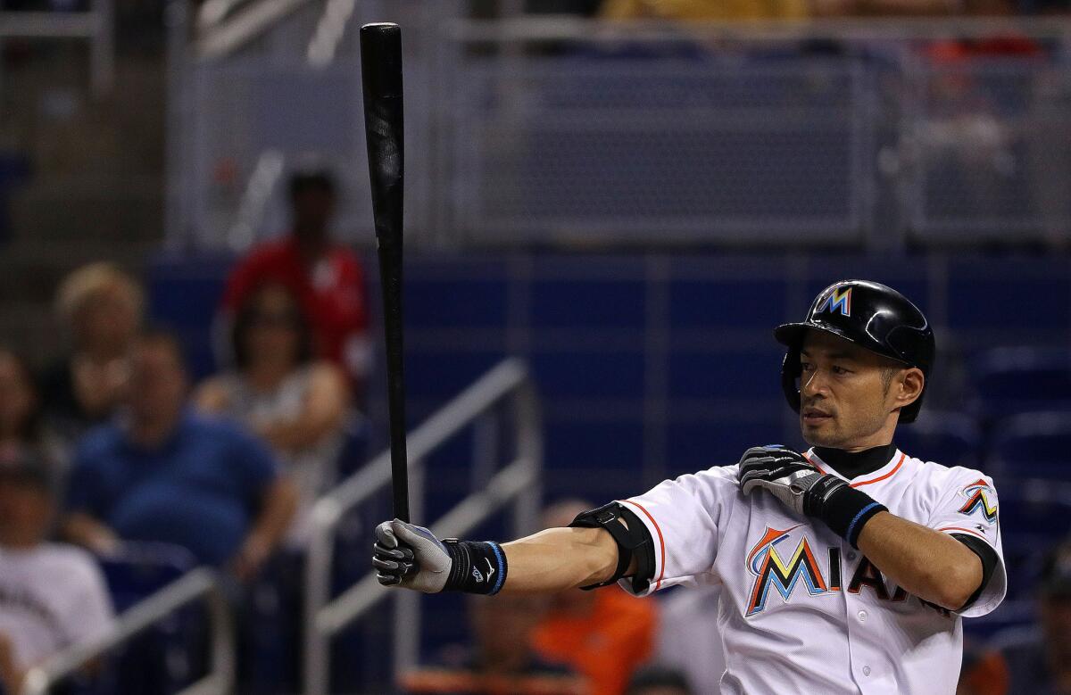Miami's Ichiro Suzuki bats against Tampa Bay on May 24. (Mike Ehrmann / Getty Images)