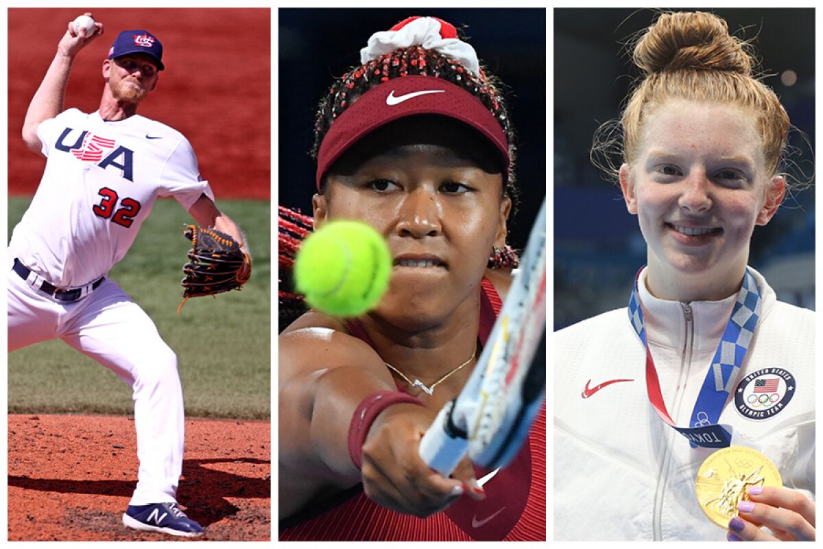 A triptych of Olympic images: USA's relief pitcher Brandon Dickson, Naomi Osaka, and Lydia Jacoby from the 2020 Olympics.