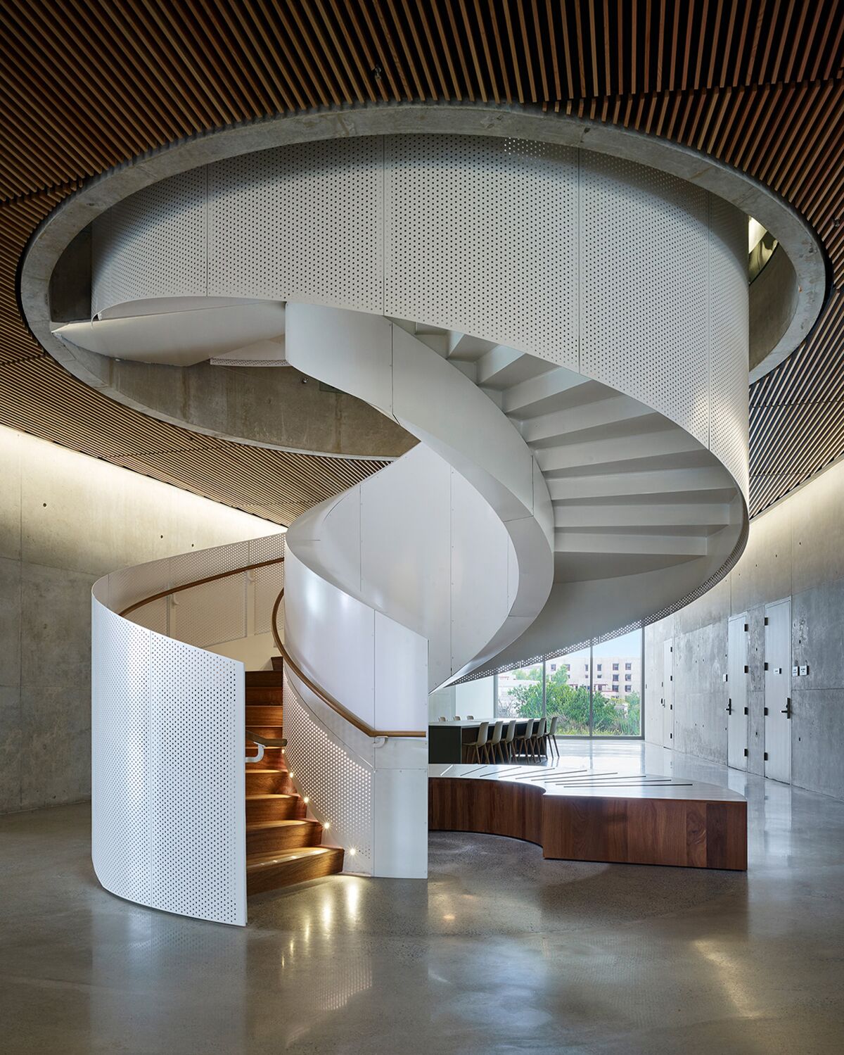 The spiral staircase in Franklin Antonio Hall research center at UC San Diego
