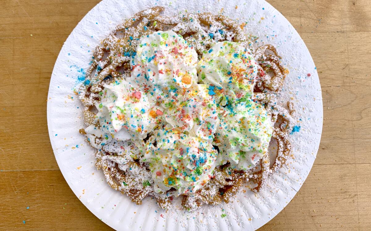 Funnel cake with Lucky Charms magical marshmallows recipe by Genevieve Ko.
