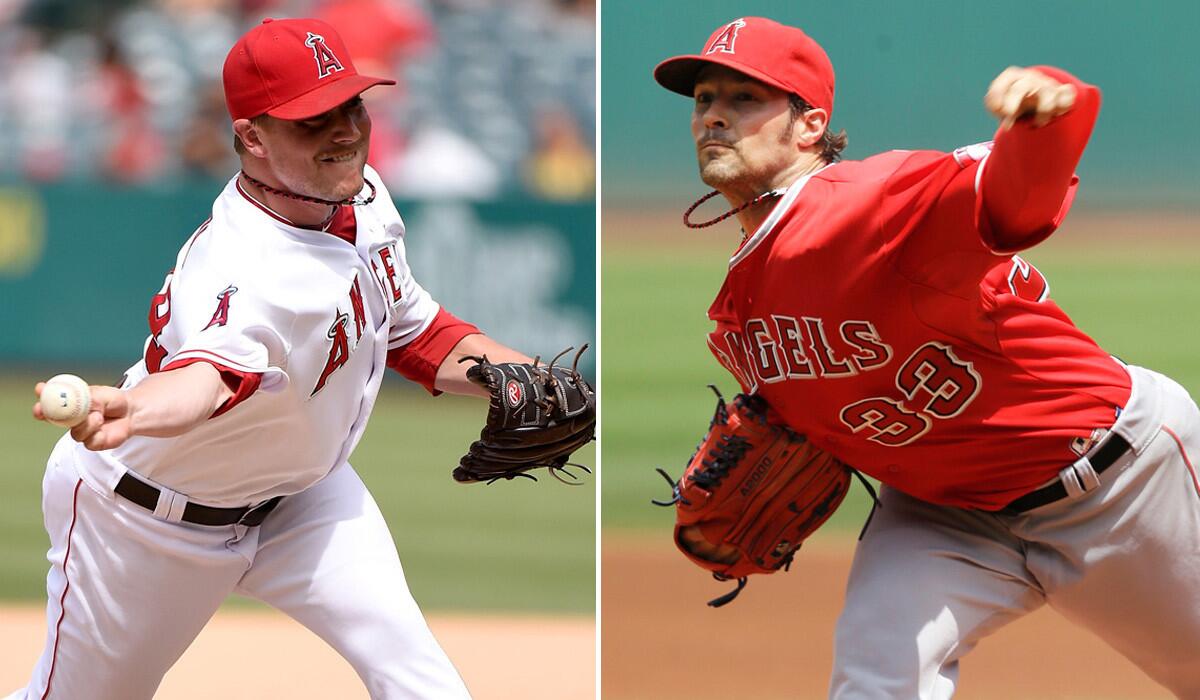 With new closer Joe Smith, left, anchoring the bullpen, a return by left-handed starter C.J. Wilson (33) to winning form after recovering from injury could bolster the Angels, who have plenty of offense to compete for a playoff spot.