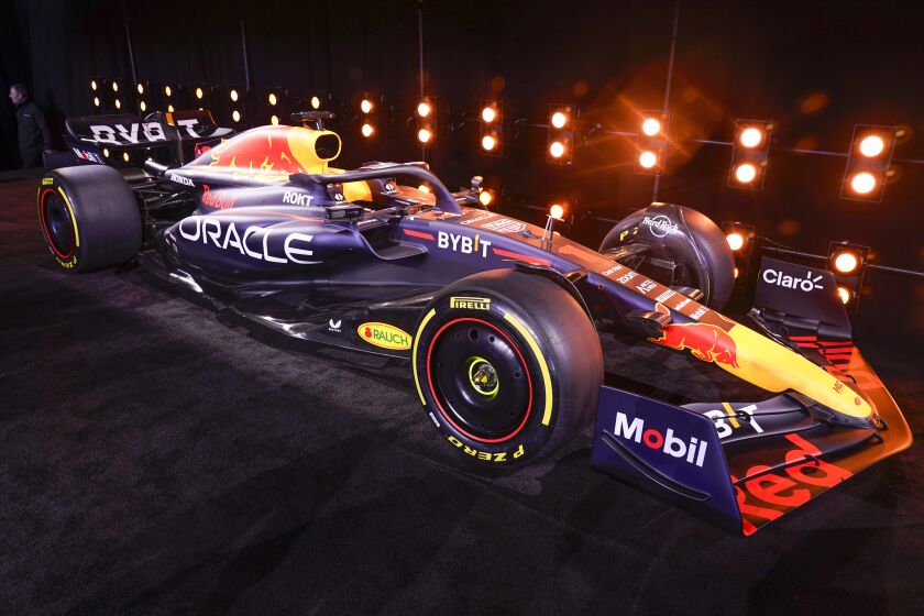 The new RB19 F1 car is unveiled during an event in New York, Friday, Feb. 3, 2023. Ford will return to Formula One as the engine provider for Red Bull Racing in a partnership announced Friday that begins with immediate technical support this season and engines in 2026. (AP Photo/Seth Wenig)