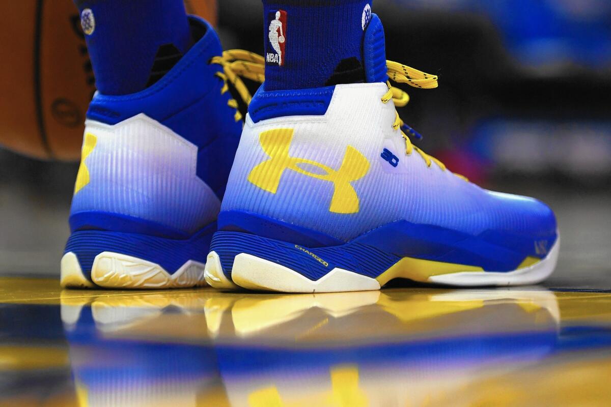 Stephen Curry of the Golden State Warriers wears Under Armour sneakers during a game April 13.