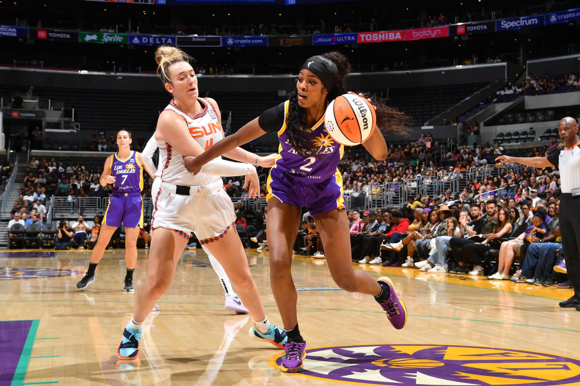 Rickea Jackson dribbles the ball during a loss to the Connecticut Sun on Sept. 8 at Crypto.com Arena.