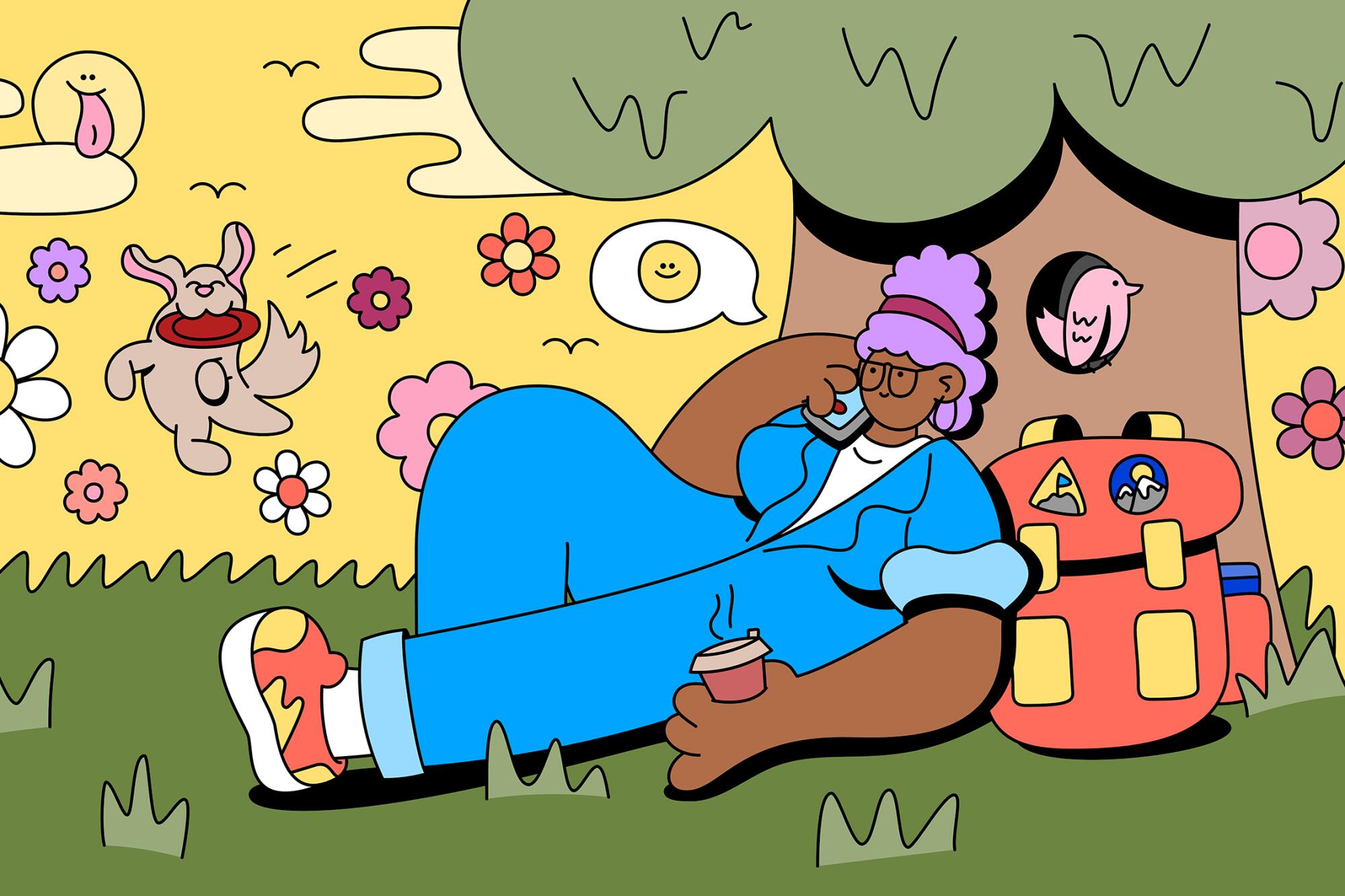An illustration of a person lying against a tree on the phone holding a cup of coffee.