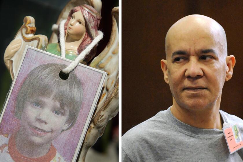 A photograph of Etan Patz, left, hangs on an angel figurine at a memorial in 2012. Pedro Hernandez, right, in court in 2012.