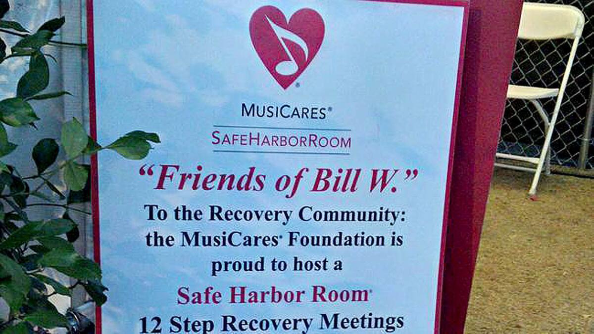 A MusiCares safe harbor room is set up backstage at the 2015 Stagecoach Country Music Festival in Indio to provide support for musicians and concert tour personnel in recovery.