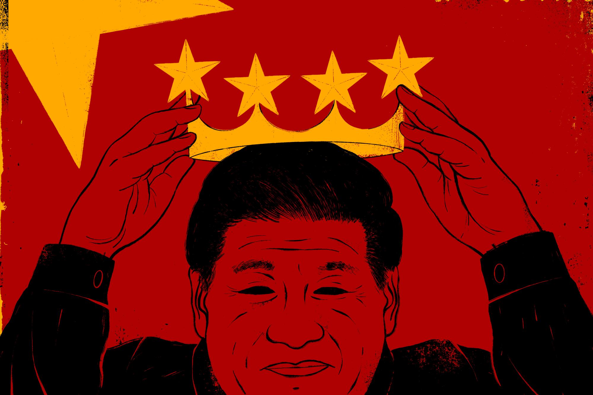 An illustration of Xi Jinping putting on a crown.