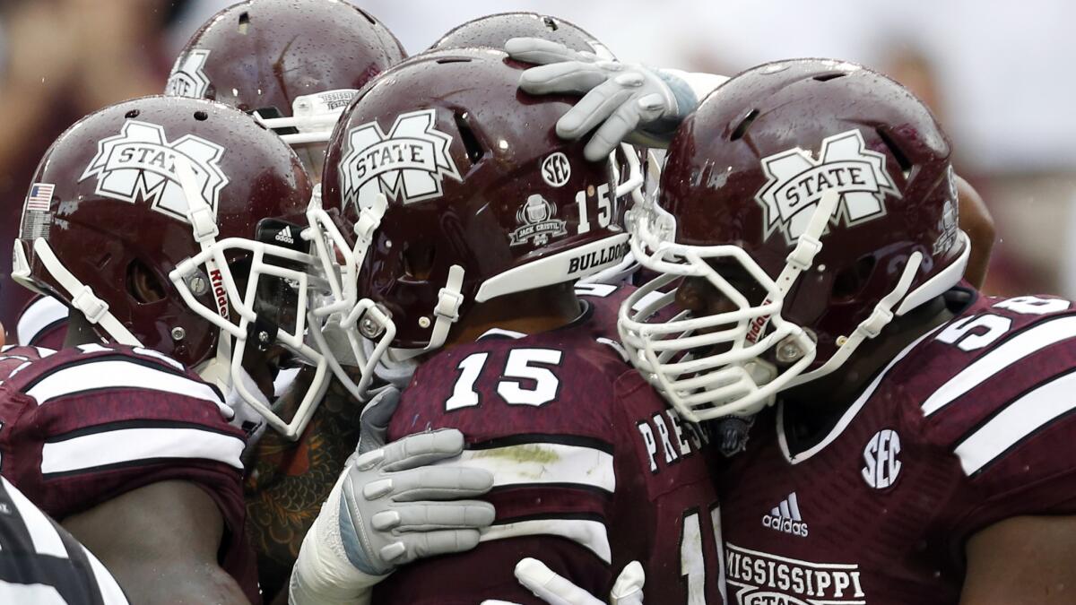 Mississippi State players celebrate a touchdown during last week's victory over Auburn.