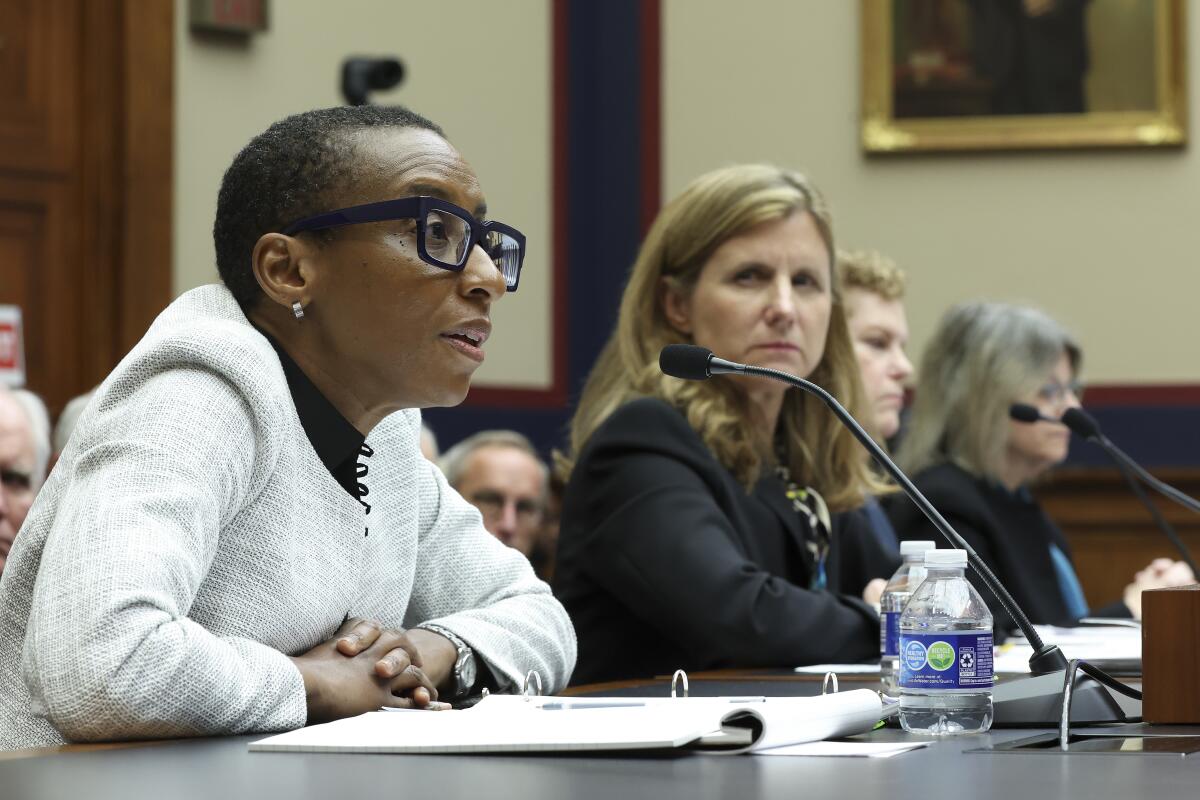 Claudine Gay, Liz Magill, Pamela Nadell and Sally Kornbluth testify before a House committee. 