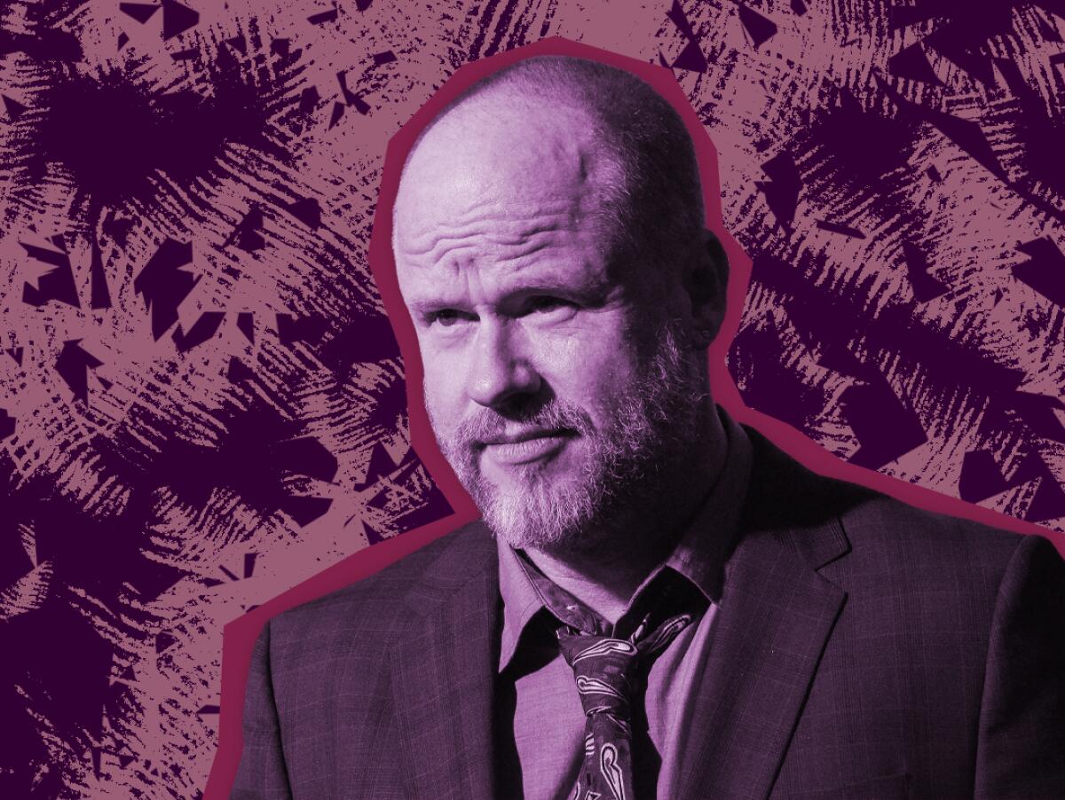 Photo collage of Joss Whedon against a textured background.