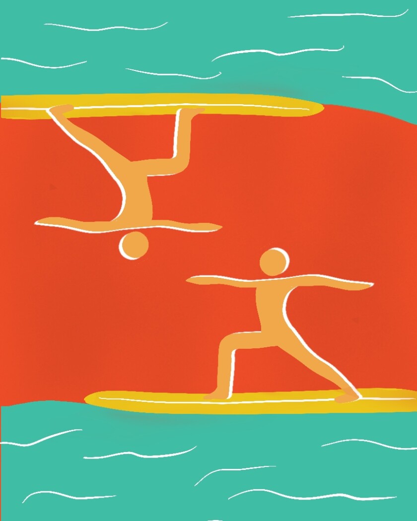 Illustrated figures in yoga poses on paddleboards.