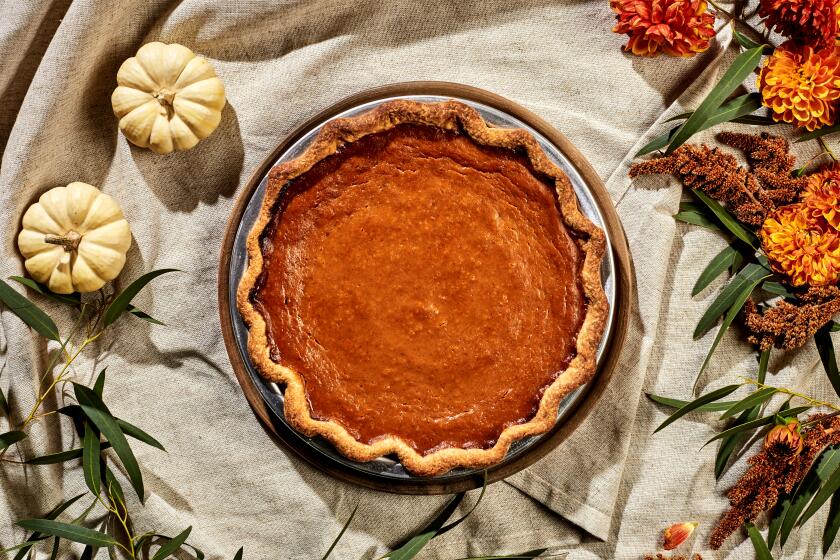 LOS ANGELES, CA - NOVEMBER 2, 2022: Pumpkin pie prepared by cooking columnist Ben Mims on November 2, 2022 in the LA Times test kitchen. (Katrina Frederick / For The Times)
