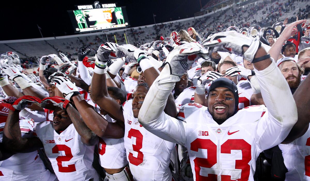 Ohio State, whose players are celebrating a 49-37 victory at Michigan State on Nov. 8, could win out, claim the Big Ten title and get a big nothing when it comes to a spot in the four-team College Football Playoff.