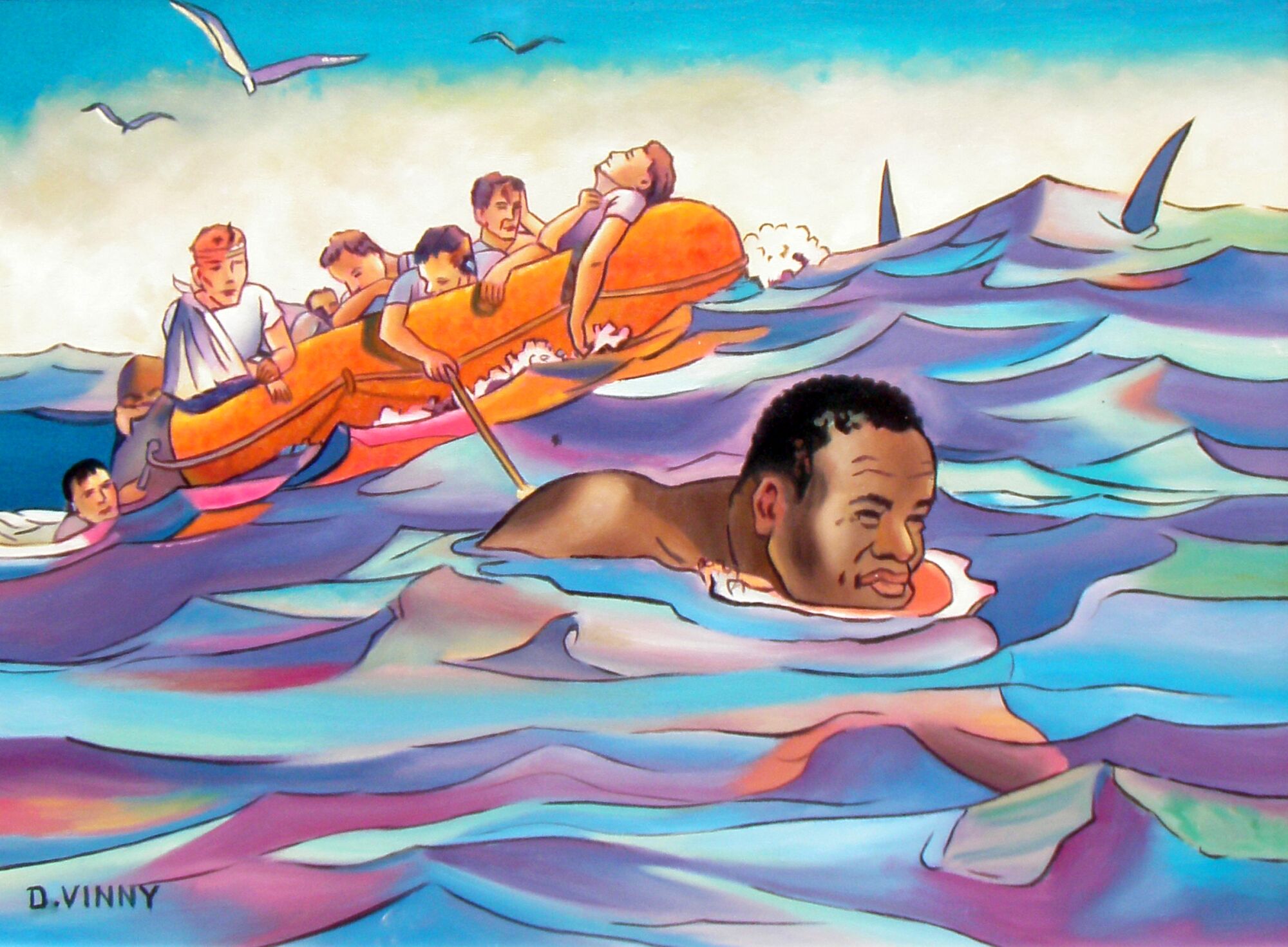 A painting showing a Black man towing a raft of injured men in the water while sharks swam nearby.