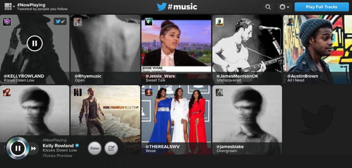 A screenshot of Twitter #music shows the tunes users that Times reporter Gerrick D. Kennedy (@gerrickkennedy) follows are currently tweeting about. The service allows you to play or purchase the songs and discover the music people are buzzing about on the microblogging site.
