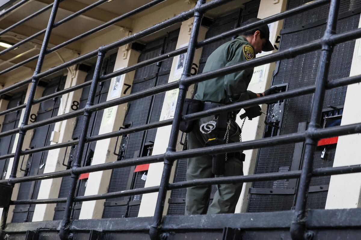 A person in blue uniform stands at the door to one in a row of jail cells