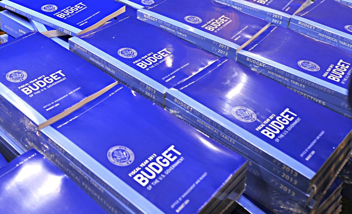 Copies of President Obama's earlier budget after it was delivered to Congress on Capitol Hill in Washington, D.C.