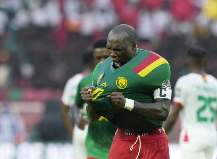 Cameroon's captain Vincent Aboubakar celebrates his second goal of the match, during the African Cup of Nations 2022 group A soccer match between Cameroon and Burkina Faso at the Olembe stadium in Yaounde, Cameroon, Sunday, Jan. 9, 2022. (AP Photo/Themba Hadebe)