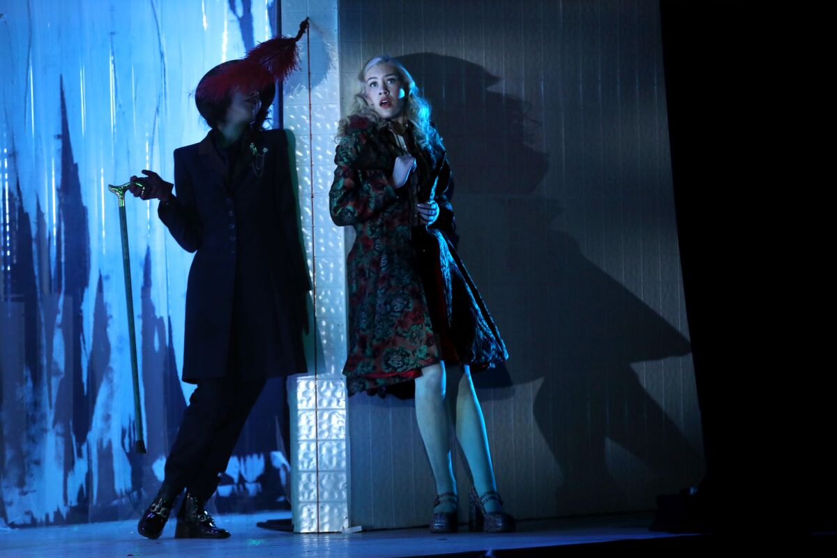 Tivoli Treloar right, as The Lover, and Laurel Irene, as Shame, in a dress rehearsal of Kate Soper's "Romance of the Rose."
