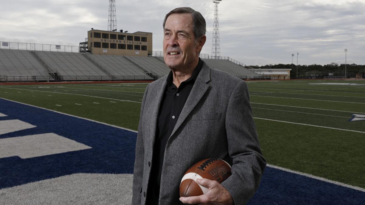 Portrait of former New Braunfels High School football coach Tim Kingsbury at the school in New Braunfels, Texas.