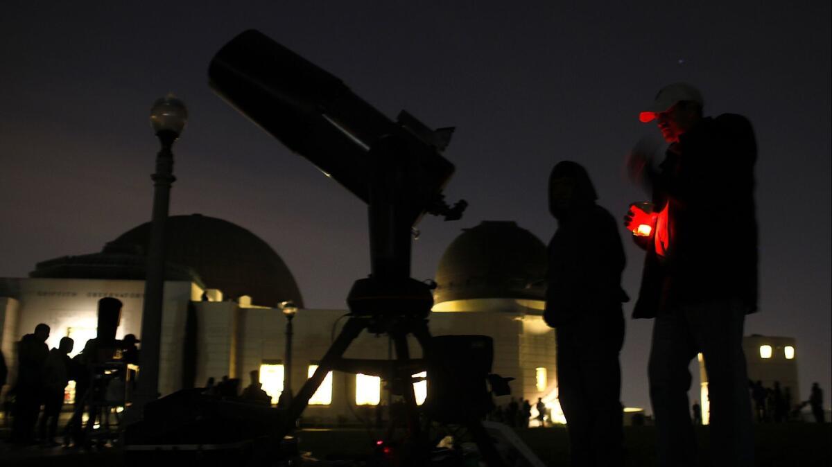 Telescopes will be set up late Monday and early Tuesday at Griffith Observatory for visitors who want a closer look at Mars. The red planet will be at its brightest through Aug. 3.