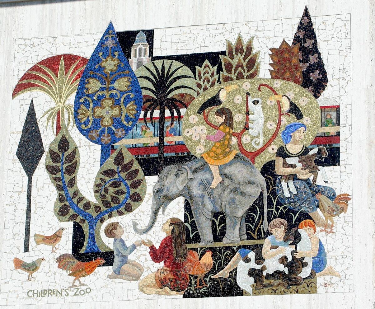 One of two large-scale mosaics on the Chase Bank building in Pacific Beach portrays the San Diego Children's Zoo.