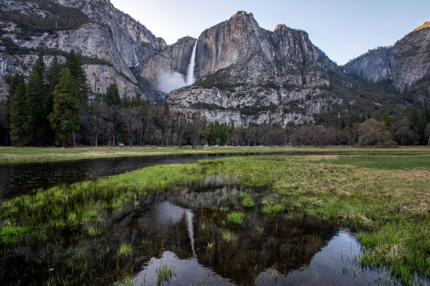 Yosemite National Park, CA - April 26: The waterfall is reflected in water in the meadow in the Yosemite Valley as the snowpact melts on Wednesday, April 26, 2023 in Yosemite National Park, CA. (Francine Orr / Los Angeles Times)