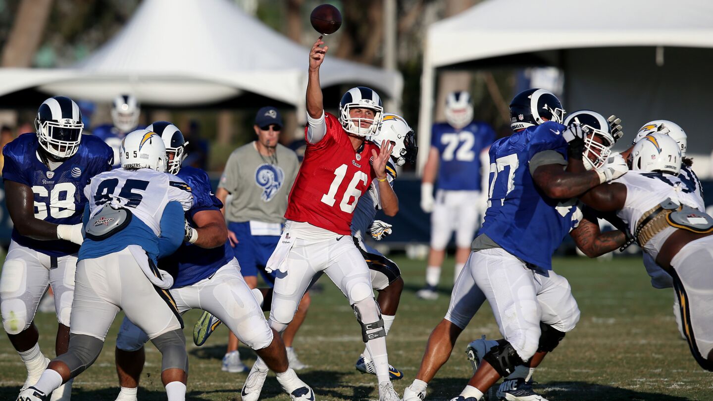 Rams quarterback Jared Goff throws downfield during the joint practice between the Rams and Chargers.